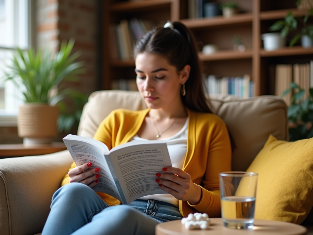 Молодая женщина в желтом кардигане читает книгу на диване с стаканом воды рядом. Н уютная обстановка.